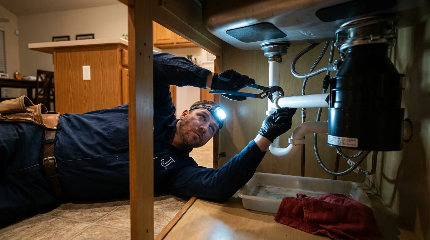 P-trap and supply line connections under a kitchen sink showing a common leak point in Glade Spring, VA